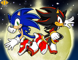 Size: 2967x2274 | Tagged: safe, artist:zeror102, shadow the hedgehog, sonic the hedgehog, sonic adventure 2, 2016, abstract background, absurd res, clenched fist, duo, frown, looking at viewer, mid-air, moon, nighttime, nike mouth, outdoors, redraw, signature, smile, soap shoes, star (sky), style emulation, uekawa style