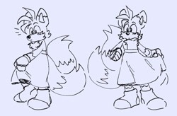 Size: 1107x727 | Tagged: safe, artist:tezzbot, miles "tails" prower, 2024, aged up, fur markings, grey background, line art, monochrome, simple background, skirt, solo, standing, teenager, trans girl tails, transfeminine, transgender