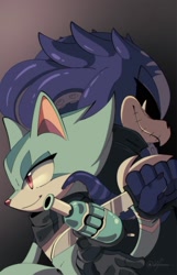 Size: 1322x2047 | Tagged: safe, artist:dilfsonic, mimic the octopus, slinger the ocelot, 2025, black sclera, blade, blaster, duo, gradient background, holding something, looking offscreen, ocelot, octopus, smile, weapon