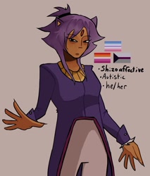 Size: 1748x2048 | Tagged: safe, artist:hirocouture, blaze the cat, human, 2025, autistic, bigender, demisexual, english text, eyebrow clipping through hair, frown, grey background, headcanon, humanized, lesbian, looking at viewer, partially humanized, pride flag, pronouns, schizoaffective, simple background, solo, solo bigender, species swap, standing, tan skin, text, typo