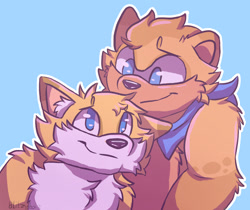 Size: 1638x1376 | Tagged: safe, artist:blitztheinkling, miles "tails" prower, ray the flying squirrel, 2024, bandana, blue background, cheek fluff, chest fluff, cute, duo, ear fluff, fur markings, gay, looking at each other, outline, shipping, simple background, smile, tailray