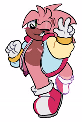 Size: 1364x2059 | Tagged: safe, artist:amyrosedaily, amy rose, 2025, dark skin, jacket, open jacket, simple background, smile, solo, top surgery scars, trans boy amy, trans male, transgender, transmasculine, v sign, white background, wink