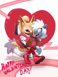 Size: 3000x4000 | Tagged: safe, artist:buddyhyped, tangle the lemur, whisper the wolf, lemur, wolf, alternate outfit, carrying them, clothes, dress, english text, female, heart, kiss marks, lesbian, makeup, shipping, tangle x whisper, valentine's day, walking