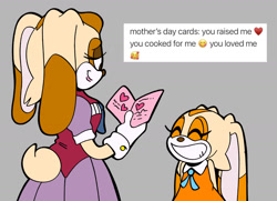 Size: 1605x1159 | Tagged: safe, artist:charmsterz, cream the rabbit, vanilla the rabbit, 2026, card, duo, flat colors, grey background, holding something, meme, mother and child, mother and daughter, mother's day, simple background, smile, standing
