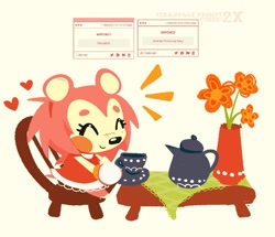 Size: 1210x1039 | Tagged: safe, artist:amydaily, amy rose, 2026, amybetes, animal crossing, beanbrows, chair, cup, cute, eyes closed, flower, heart, lineless, no outlines, plate, reference inset, simple background, sitting, smile, solo, style emulation, table, tea, tea party, teapot, vase, white background