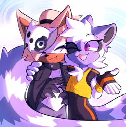Size: 1908x1931 | Tagged: safe, artist:frostspeak, tangle the lemur, whisper the wolf, 2026, :3, arm around shoulders, cute, duo, eyes closed, looking at them, one fang, smile, standing, tangabetes, tangle's running suit, whispabetes, wink