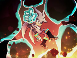 Size: 1600x1200 | Tagged: safe, artist:xuyinizu, silver the hedgehog, 2026, boulder, flying, frown, gradient background, looking at viewer, mid-air, psychokinesis, solo, treads