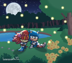 Size: 479x419 | Tagged: safe, artist:lorenzocantu31, sally acorn, sonic the hedgehog, chipmunk, hedgehog, 2026, duo, female, firefly, flower, flower in ear, forest, insect, lake, literal animal, male, moon, nature, nighttime, plant, sally x sonic, sally's ringblader outfit, shipping, sitting, smile, straight, tree, valentine's day