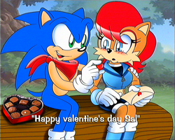 Size: 2500x2000 | Tagged: safe, artist:classicsonicsatam, sally acorn, sonic the hedgehog, chipmunk, hedgehog, 2026, bench, blushing, chocolate, daytime, dialogue, duo, english text, envelope, female, food, heart, holding something, male, sally x sonic, sally's ringblader outfit, scarf, shipping, sitting, straight, valentine's day