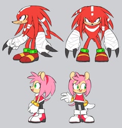 Size: 1302x1369 | Tagged: safe, artist:8xenon8, artist:shadails, amy rose, knuckles the echidna, 2019, alternate outfit, amybetes, cute, duo, flat colors, frown, fur markings, grey background, knucklebetes, redesign, shorts, simple background, smile, tongue out, v sign