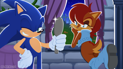 Size: 3000x1689 | Tagged: safe, artist:pensforpenc1ls, sally acorn, sonic the hedgehog, chipmunk, hedgehog, 2026, curtain, duo, female, fence, grin, hand on hip, handheld mirror, holding something, indoors, leaning forward, looking at viewer, looking back, looking back at viewer, male, mushroom, nighttime, sally x sonic, sally's ringblader outfit, shipping, smile, smiling at viewer, star (sky), straight, watermark, window, wink, winking at viewer