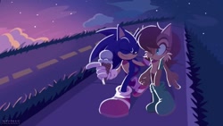 Size: 1200x675 | Tagged: safe, artist:pensforpenc1ls, sally acorn, sonic the hedgehog, chipmunk, hedgehog, 2025, clouds, duo, female, foot, grass, holding something, ice cream, looking at them, male, nighttime, outdoors, road, sally x sonic, sally's vest and boots, shipping, sidewalk, smile, sonic channel, sonic channel wallpaper style, star (sky), straight, walking, watermark
