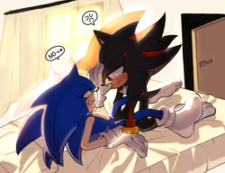 Size: 2048x1574 | Tagged: safe, artist:tamjeong_sonic, shadow the hedgehog, sonic the hedgehog, 2025, bed, duo, english text, gay, hand on another's face, heart, indoors, kneeling, lidded eyes, looking at each other, looking at them, lying back, lying down, shadow x sonic, shipping, shoes off, smile, speech bubble