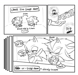 Size: 1362x1312 | Tagged: suggestive, artist:tamjeong_sonic, shadow the hedgehog, sonic the hedgehog, sonic prime, 2025, arms folded, blushing, comic, english text, eyes closed, gay, greyscale, group, hands behind head, indoors, lidded eyes, monochrome, shadow x sonic, shipping, simple background, smile, sonic boom (tv), speech bubble, white background