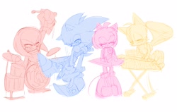 Size: 2048x1304 | Tagged: safe, artist:tamjeong_sonic, amy rose, knuckles the echidna, miles "tails" prower, sonic the hedgehog, 2025, drums, drumstick, eyes closed, flying, group, guitar, holding something, microphone, monochrome, mouth open, playing music, simple background, singing, sketch, smile, white background