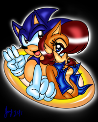 Size: 720x900 | Tagged: safe, artist:jayfoxfire, sally acorn, sonic the hedgehog, chipmunk, hedgehog, 2024, anniversary, black background, duo, female, male, ring, sally x sonic, sally's vest and boots, shipping, sonic satam, straight