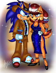 Size: 2975x3850 | Tagged: safe, artist:jayfoxfire, sally acorn, sonic the hedgehog, chipmunk, hedgehog, 2025, alternate outfit, clothes, cocktail, dress, drink, duo, eye clipping through hair, eyebrow clipping through hair, fedora, female, fully clothed, hat, holding something, male, sally x sonic, shipping, sparkles, straight, suit