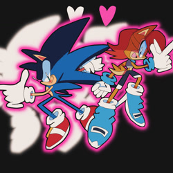 Size: 943x943 | Tagged: safe, artist:newgennitro, sally acorn, sonic the hedgehog, chipmunk, hedgehog, 2024, blushing, duo, female, heart, heart background, looking at viewer, male, mouth open, open smile, outline, pink outline, pointing, pose, sally x sonic, sally's ringblader outfit, shipping, smile, smiling at viewer, straight