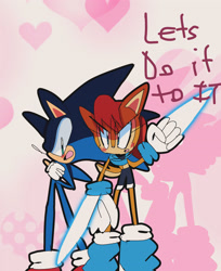Size: 2268x2782 | Tagged: safe, artist:newgennitro, sally acorn, sonic the hedgehog, chipmunk, hedgehog, 2024, abstract background, dialogue, duo, english text, female, fighting pose, heart background, male, pose, sally x sonic, sally's ringblader outfit, shipping, straight