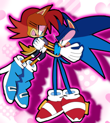 Size: 1816x2048 | Tagged: safe, artist:newgennitro, sally acorn, sonic the hedgehog, chipmunk, hedgehog, 2024, abstract background, blushing, duo, female, happy, heart background, holding them, looking at each other, male, mouth open, open smile, outline, pink outline, sally x sonic, sally's ringblader outfit, shipping, smile, smiling at each other, straight