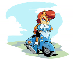 Size: 2000x1633 | Tagged: safe, artist:chauvels, sally acorn, chipmunk, 2026, daytime, female, pose, sally's ringblader outfit, scooter, smile, solo, vehicle