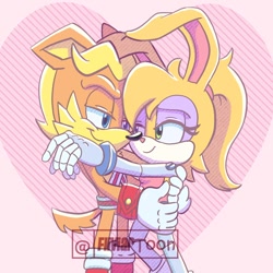 Size: 968x968 | Tagged: safe, artist:fliviartoon, antoine d'coolette, bunnie rabbot, coyote, rabbit, 2026, buntoine, cybernetic, duo, female, hugging, looking at each other, male, shipping, straight