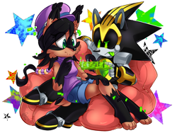 Size: 1600x1200 | Tagged: safe, artist:galaxynite, nicole the hololynx, shard the metal, lynx, 2016, alternate outfit, blank background, chess, clothes, couch, duo, female, hat, male, playing, robot, shardicole, shipping, sitting, star (symbol), straight, tongue out