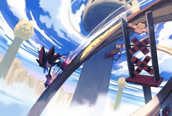 Size: 1795x1205 | Tagged: safe, artist:cham__623, shadow the hedgehog, sonic adventure 2, 2025, clouds, daytime, outdoors, rail, rail grinding, sky rail, solo