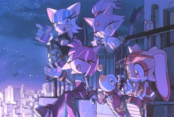 Size: 1795x1205 | Tagged: safe, artist:cham__623, amy rose, blaze the cat, cheese (chao), cream the rabbit, rouge the bat, chao, 2025, alternate outfit, bottle, building, city, cityscape, clouds, eyes closed, group, holding something, lidded eyes, mouth open, neutral chao, nighttime, outdoors, riders outfit, sitting, smile, sonic riders, standing, star (sky)