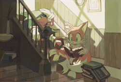 Size: 1819x1228 | Tagged: safe, artist:cham__623, miles "tails" prower, sonic the hedgehog, 2025, book, duo, holding something, indoors, leaning back, reading, sitting, smile, stairs