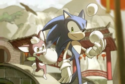 Size: 1795x1205 | Tagged: safe, artist:cham__623, chip, sonic the hedgehog, sonic unleashed, 2025, chun-nan, daytime, duo, eating, food, holding something, looking at them, mouth open, outdoors, smile, standing, steamed bun, walking