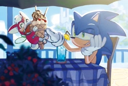 Size: 1819x1228 | Tagged: safe, artist:cham__623, chip, sonic the hedgehog, hedgehog, sonic unleashed, 2024, alternate version, apotos, chili dog, cup, daytime, duo, eyes closed, food, grin, head rest, ice cream, looking at them, male, mouth open, outdoors, sitting, smile, sundae supreme, table