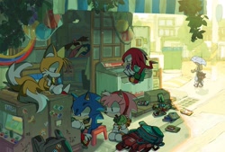 Size: 1819x1228 | Tagged: safe, artist:cham__623, amy rose, knuckles the echidna, maria robotnik, miles "tails" prower, robotnik, shadow the hedgehog, sonic the hedgehog, human, 2024, arcade, classic amy, classic knuckles, classic sonic, classic tails, group, holding something, looking at them, mouth open, parasol, sitting, sleeping, smile, standing