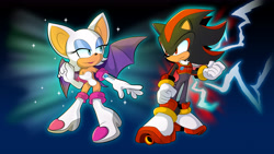 Size: 5333x3000 | Tagged: safe, artist:cartoonicus, rouge the bat, shadow the hedgehog, bat, hedgehog, 2026, boots, charging, clothes, cute, duo, naked, outfit swap