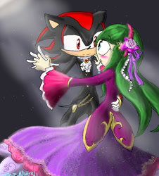 Size: 840x930 | Tagged: safe, artist:hezuneutral, cosmo the seedrian, shadow the hedgehog, 2012, :o, age difference, alternate outfit, blushing, clothes, cosmo x shadow, crack shipping, dancing, dress, duo, eyebrow clipping through hair, grey background, headband, holding each other, holding hands, looking at each other, mouth open, shipping, simple background, smile, spotlight, standing, straight, suit