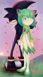 Size: 1929x3413 | Tagged: safe, artist:lyserg1705, cosmo the seedrian, shadow the hedgehog, 2018, abstract background, age difference, blushing, cosmo x shadow, crack shipping, daytime, duo, frown, grass, holding hands, lidded eyes, lineless, looking offscreen, outdoors, petal, petals, shipping, standing, straight