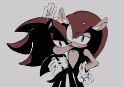 Size: 2048x1444 | Tagged: safe, artist:hedgehogtrap_, mighty the armadillo, shadow the hedgehog, 2026, arms folded, duo, frown, gay, grey background, looking at viewer, mightadow, ring (jewelry), shipping, simple background, smile, standing, sweatdrop, wedding ring