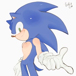 Size: 1024x1024 | Tagged: safe, artist:hedgehogtrap_, sonic the hedgehog, 2026, grey background, looking at viewer, pointing, signature, simple background, smile, solo, standing