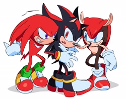 Size: 2048x1611 | Tagged: safe, artist:tokiwa757, knuckles the echidna, mighty the armadillo, shadow the hedgehog, 2023, frown, looking at them, looking at viewer, mouth open, simple background, smile, standing, trio, white background
