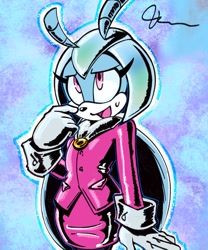 Size: 1597x1917 | Tagged: safe, artist:franko001, jewel the beetle, 2026, abstract background, female, looking offscreen, looking up, mouth open, open smile, outline, smile, solo, standing, sweatdrop