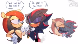 Size: 2048x1168 | Tagged: safe, artist:sh0uit7u, mighty the armadillo, shadow the hedgehog, 2026, bleeding, blood, blushing, dialogue, duo, english text, gay, kiss, meme, mightadow, nosebleed, shipping, simple background, smile, standing, text, white background