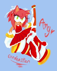 Size: 1066x1332 | Tagged: safe, artist:cinnabastian, amy rose, 2026, alternate outfit, blue background, character name, heart, holding something, lineless, looking at viewer, piko piko hammer, signature, simple background, smile, solo, text