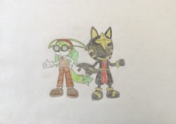 Size: 3145x2210 | Tagged: safe, artist:hritz123, megani the jackal, jackal, 2025, duo, enigma the phantom thief, self paradox, simple background, smile, standing, thumbs up, traditional media