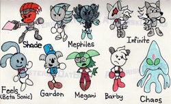 Size: 2200x1334 | Tagged: safe, artist:asteriskdatboi, barby koala, chaos, feels the rabbit, infinite the jackal, megani the jackal, mephiles the dark, shade the echidna, echidna, jackal, koala, rabbit, 2025, blade, character name, duality, english text, frown, gardon, group, infinite's mask, phantom ruby, simple background, smile, stick figure, text, traditional media, weapon