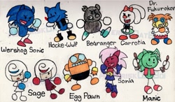 Size: 2200x1287 | Tagged: safe, artist:asteriskdatboi, bearenger the grizzly, carrotia the rabbit, dr. fukurokov, egg pawn, falke wulf, sage, sonia the hedgehog, sonic the hedgehog, bear, bird, hedgehog, rabbit, wolf, sonic frontiers, 2025, character name, drumstick, duality, english text, group, kukku, manic the hedgehog, robot, sharp teeth, simple background, sonic the werehog, stick figure, text, traditional media, were form, werehog