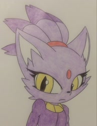 Size: 2009x2600 | Tagged: safe, artist:jay10-000, blaze the cat, cat, 2020, close-up, freedom planet, frown, looking at viewer, simple background, solo, style emulation, traditional media