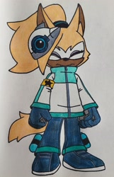 Size: 2554x3977 | Tagged: safe, artist:masaxmune23, whisper the wolf, 2025, eyes closed, fangs, riders outfit, simple background, smile, solo, standing, traditional media