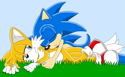 Size: 915x567 | Tagged: safe, artist:theredtail, miles "tails" prower, sonic the hedgehog, 2009, age difference, blue background, cuddling, cute, daytime, duo, eyes closed, gay, gloves off, grass, lying down, lying on side, outdoors, shipping, simple background, sleeping, smile, sonic x tails