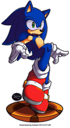 Size: 700x1280 | Tagged: safe, artist:sonicdash, sonic the hedgehog, hedgehog, 2012, arms out, looking offscreen, male, orange brown checkerboard, outline, simple background, solo, standing, standing on one leg, transparent background