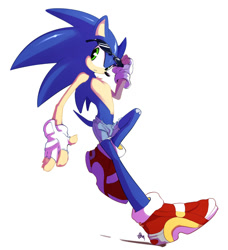 Size: 730x800 | Tagged: safe, artist:peritian, sonic the hedgehog, hedgehog, 2010, alternate outfit, chest fluff, clothes, eyewear on head, fingerless gloves, frown, glass, gloves, male, shoes, shorts, signature, simple background, soap shoes, solo, sunglasses, white background